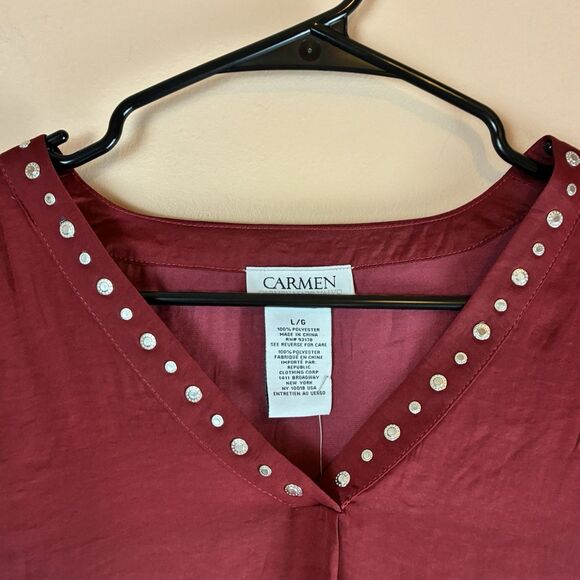NWT Carmen Marc Valvo Women’s Dark Red Blouse Studded Neckline Size Large - Picture 2 of 6